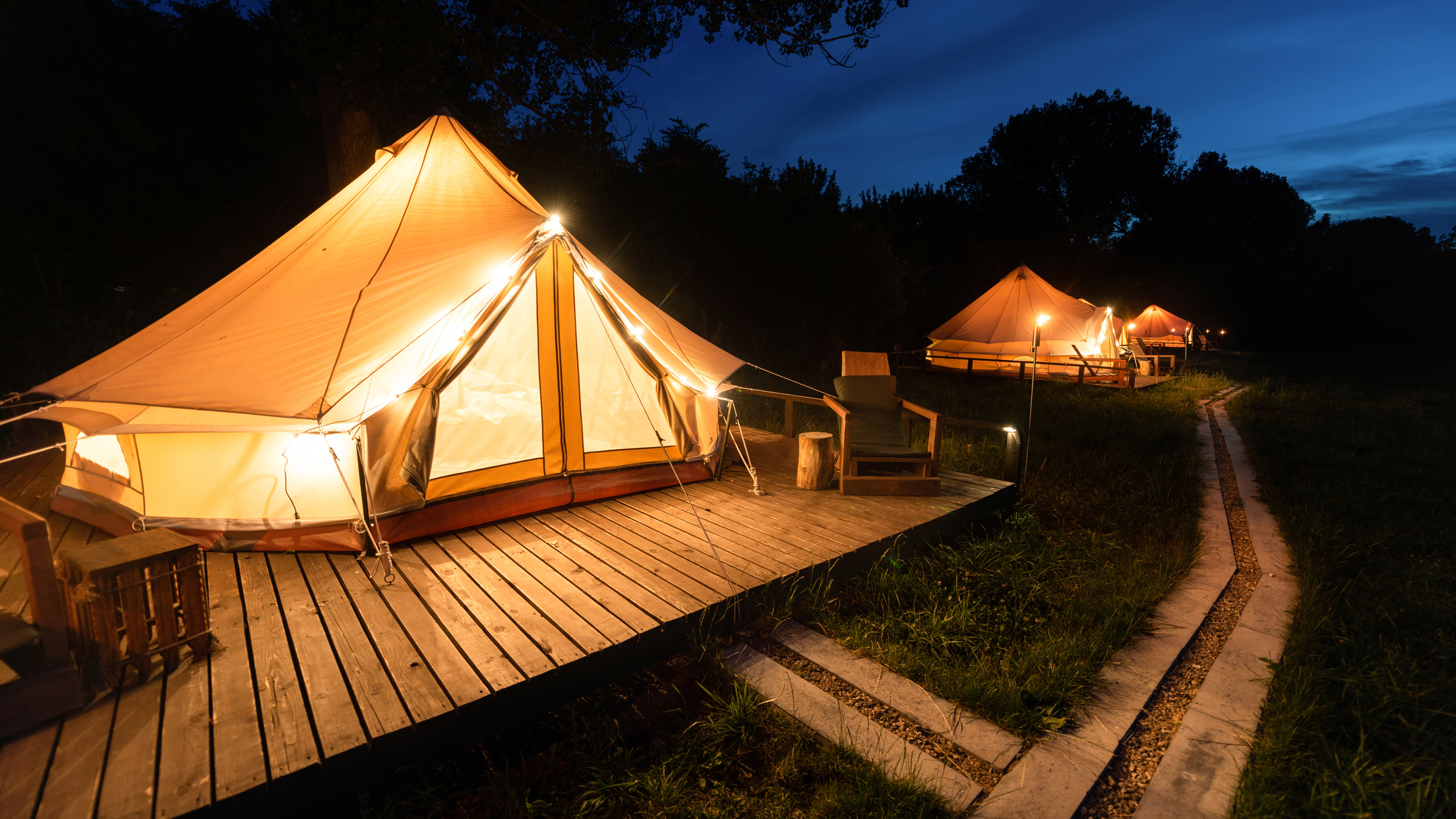Tents at glamping, night