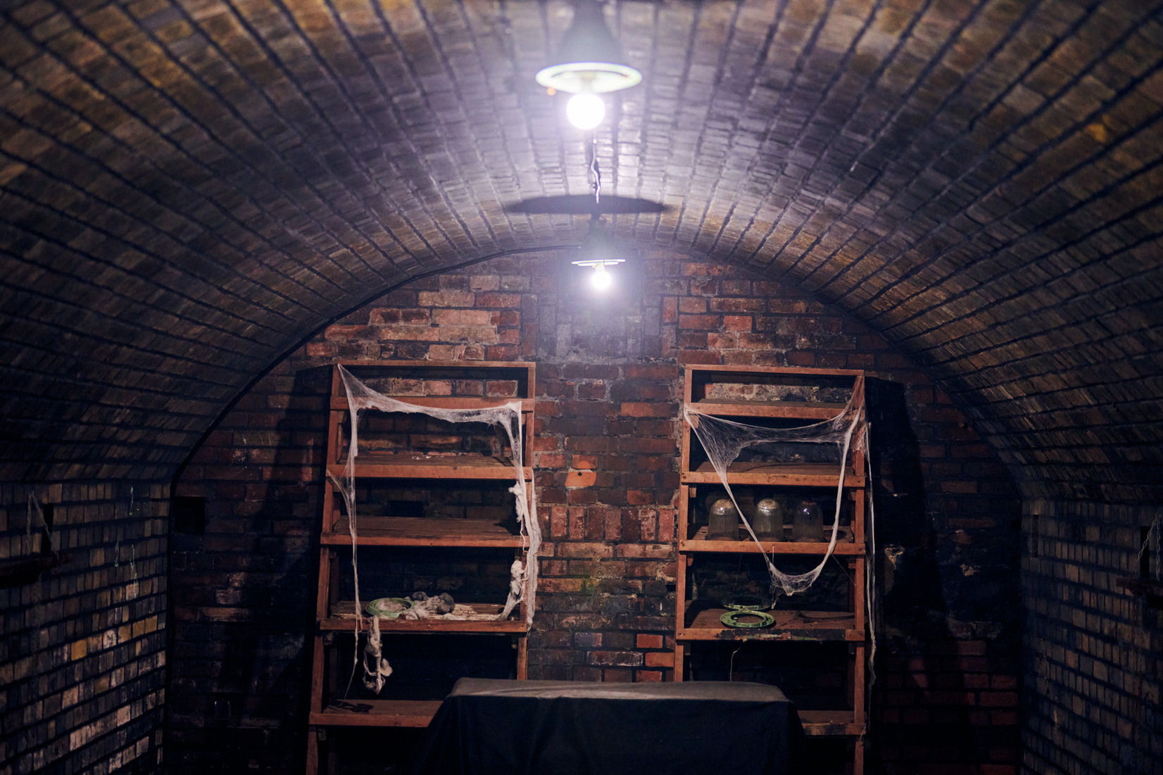 Old Abandoned Basement with Shelving Covered Spider Web, Gloomy Cold Basement with Creepy Atmosphere